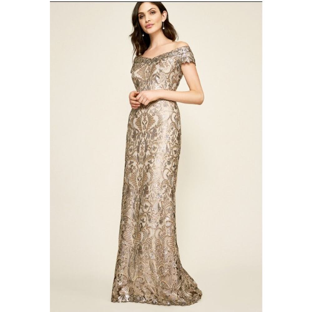 Tadashi Shoji Harford Sequin Evening Gown Dress Gold Size 14